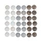 Grey wooden pebbles are arranged neatly in a sqare shape.  They are grouped by shade.
