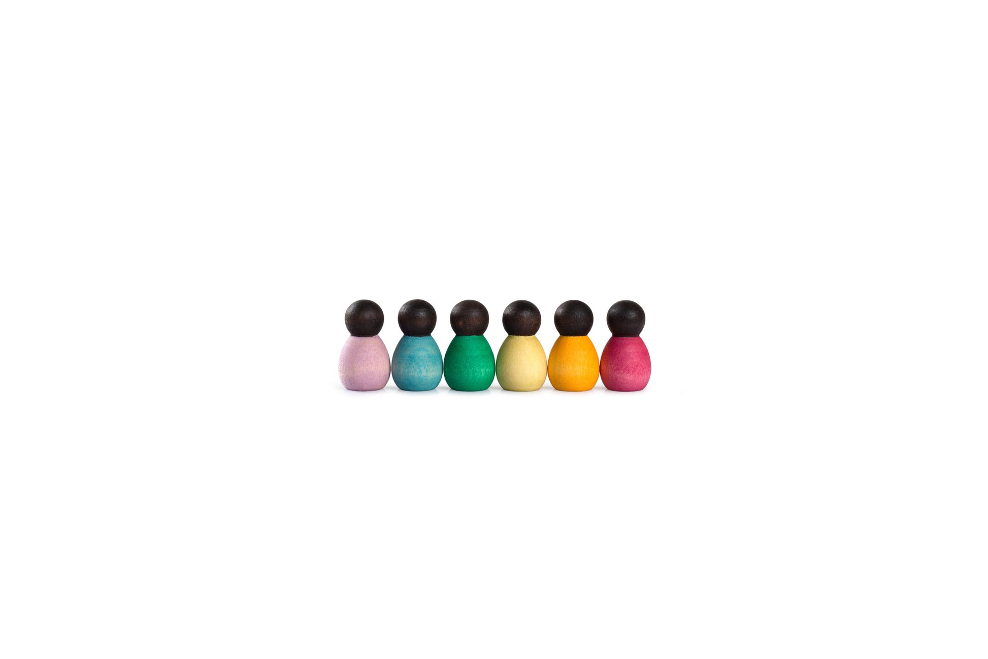 six small wooden baby figurines with dark coloured heads and bodies in various rainbow colours.